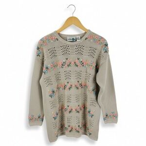 Vintage Floral Embroidered Pointelle Knit Sweater Beige Size L Granny Cottage 3D